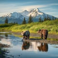 Ai Generated illustration Wildlife Concept of Slope Mountain Lake Clark Alaska Brown Bears Royalty Free Stock Photo