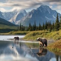 Ai Generated illustration Wildlife Concept of Slope Mountain Lake Clark Alaska Brown Bears