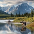 Ai Generated illustration Wildlife Concept of Slope Mountain Lake Clark Alaska Brown Bears Royalty Free Stock Photo