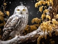 Ai Generated illustration Wildlife Concept of Snowy owl behind fallen tree