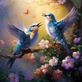 Ai Generated illustration Wildlife Concept of Song birds singing in the flowers in the trees