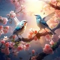 Ai Generated illustration Wildlife Concept of Song birds singing in the flowers in the trees