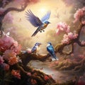 Ai Generated illustration Wildlife Concept of Song birds singing in the flowers in the trees