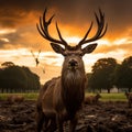 Ai Generated illustration Wildlife Concept of Staring deer in Dublin Phoenix Park Royalty Free Stock Photo