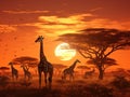 Ai Generated illustration Wildlife Concept of Sunset in african savanna with a giraffe herd