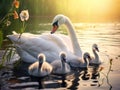 Ai Generated illustration Wildlife Concept of Swan and Cygnets
