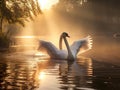 Ai Generated illustration Wildlife Concept of Swan and Streaming Sunshine on Foggy Morning Royalty Free Stock Photo