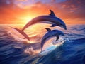 Ai Generated illustration Wildlife Concept of Three Dolphins