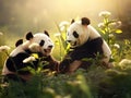 Ai Generated illustration Wildlife Concept of Three lovely pandas sitting on the grassland