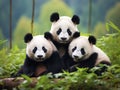 Ai Generated illustration Wildlife Concept of Three lovely pandas sitting on the grassland