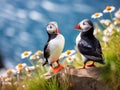 Ai Generated illustration Wildlife Concept of Three puffins Royalty Free Stock Photo