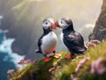 Ai Generated illustration Wildlife Concept of Three puffins Royalty Free Stock Photo