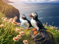 Ai Generated illustration Wildlife Concept of Three puffins Royalty Free Stock Photo