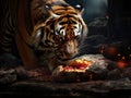 Ai Generated illustration Wildlife Concept of Tiger eating a piece of meat Royalty Free Stock Photo