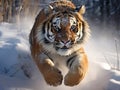 Ai Generated illustration Wildlife Concept of Tiger jumping on snow Royalty Free Stock Photo