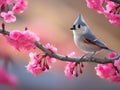 Ai Generated illustration Wildlife Concept of Tufted Titmouse on Redbud Royalty Free Stock Photo