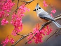 Ai Generated illustration Wildlife Concept of Tufted Titmouse on Redbud Royalty Free Stock Photo