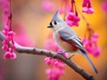 Ai Generated illustration Wildlife Concept of Tufted Titmouse on Redbud Royalty Free Stock Photo