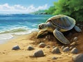 Ai Generated illustration Wildlife Concept of Turtle laying eggs on the beach. Royalty Free Stock Photo