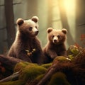 Ai Generated illustration Wildlife Concept of Two brown bear cub in the fores