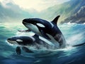 Ai Generated illustration Wildlife Concept of Two Orcas Swimming Royalty Free Stock Photo