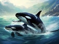 Ai Generated illustration Wildlife Concept of Two Orcas Swimming