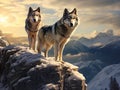 Ai Generated illustration Wildlife Concept of Two timber wolves on ridge Royalty Free Stock Photo