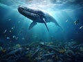 Ai Generated illustration Wildlife Concept of A whale of garbage plastic floating in the ocean. Royalty Free Stock Photo