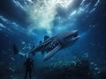 Ai Generated illustration Wildlife Concept of Whale shark and the diver Royalty Free Stock Photo