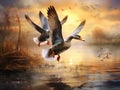 Ai Generated illustration Wildlife Concept of Wild ducks flying over the lake Royalty Free Stock Photo