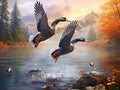 Ai Generated illustration Wildlife Concept of Wild ducks flying over the lake Royalty Free Stock Photo