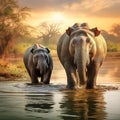 Ai Generated illustration Wildlife Concept of Wild elephant & hippo Nile river Uganda Africa