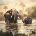 Ai Generated illustration Wildlife Concept of Wild elephant & hippo Nile river Uganda Africa Royalty Free Stock Photo