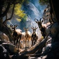 Ai Generated illustration Wildlife Concept of Wild goats kri-kri in Samaria Gorge.