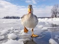 Ai Generated illustration Wildlife Concept of Wild mallard duck walking on ice in the winter