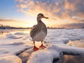 Ai Generated illustration Wildlife Concept of Wild mallard duck walking on ice in the winter