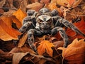 Ai Generated illustration Wildlife Concept of Wolf spider on fall leaves Royalty Free Stock Photo