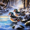 Ai Generated illustration Wildlife Concept of Wood Duck Pair Swimming Together Royalty Free Stock Photo