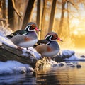 Ai Generated illustration Wildlife Concept of Wood Duck Pair Swimming Together Royalty Free Stock Photo