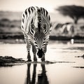 Ai Generated illustration Wildlife Concept of Zebra drinking black and white