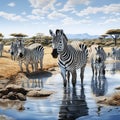 Ai Generated illustration Wildlife Concept of Zebra herd drinking in Serengeti Royalty Free Stock Photo