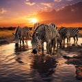 Ai Generated illustration Wildlife Concept of Zebra herd drinking in Serengeti Royalty Free Stock Photo