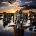 Ai Generated illustration Wildlife Concept of Zebra herd drinking in Serengeti