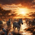 Ai Generated illustration Wildlife Concept of Zebra herd going for a drink in Serengeti Royalty Free Stock Photo