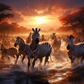 Ai Generated illustration Wildlife Concept of Zebra herd going for a drink in Serengeti