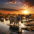 Ai Generated illustration Wildlife Concept of Zebra herd having a drink Royalty Free Stock Photo