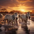 Ai Generated illustration Wildlife Concept of Zebra herd having a drink Royalty Free Stock Photo