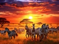 Ai Generated illustration Wildlife Concept of Zebras herd on African savanna at sunset.