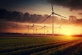 AI generated illustration of windmills in greenery field during sunset