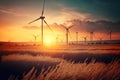 AI generated illustration of windmills in greenery field during sunset